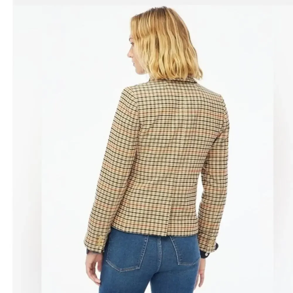 J.Crew Tweed Schoolboy Blazer Women 14 Camel Navy Plaid Gold Crest Buttons NEW